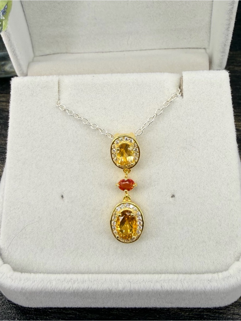 Exquisite Natural Citrine & Sapphire Drop Pendant 18K Gold over 925 Sterling Sil
